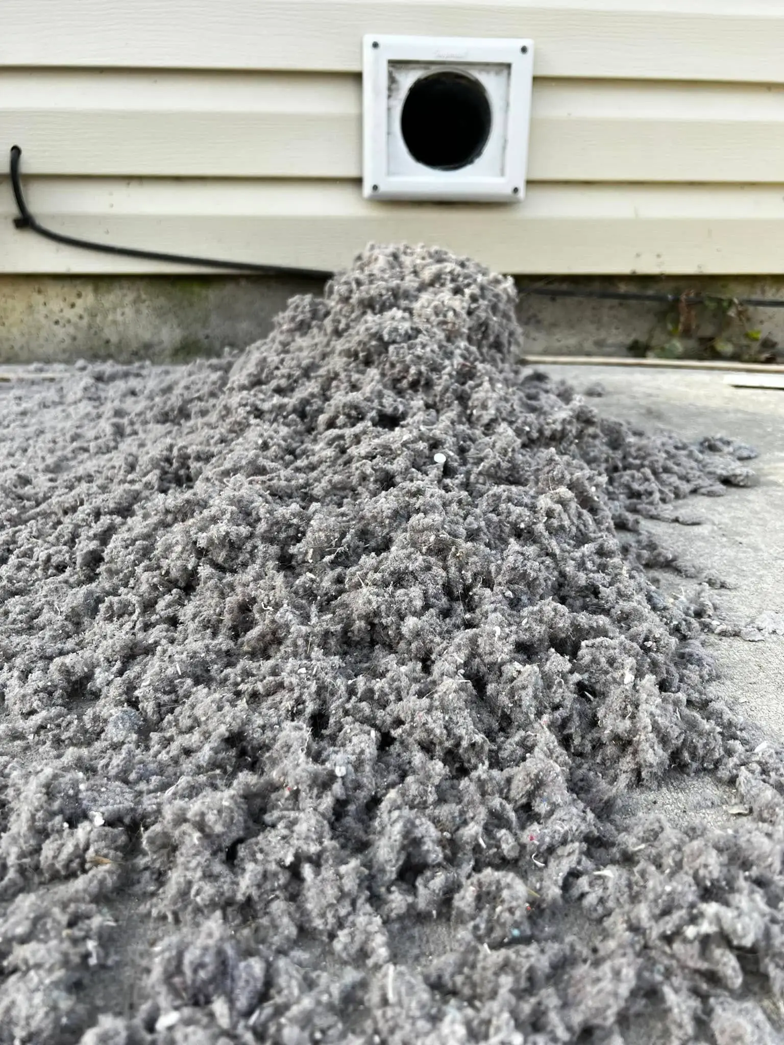 Lint pulled from one Dayton dryer vent, piled outside the exterior vent hood