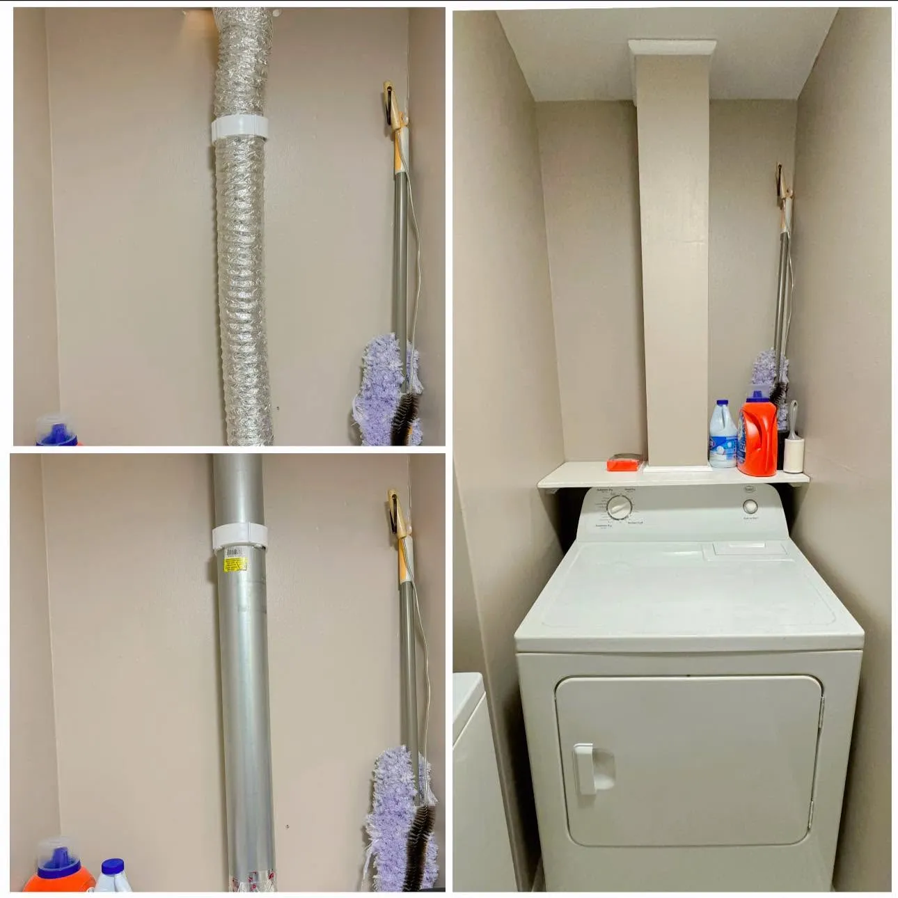 Flexible duct replaced with rigid metal pipe and boxed in, before and after